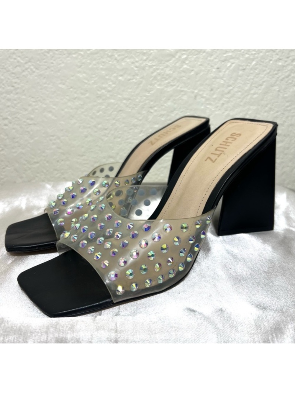 SCHUTZ LIZAH CRYSTAL VINYL SANDAL HEELS Size 9.5
